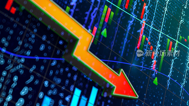 带有数字和红色箭头的下降趋势金融和股票市场数据
