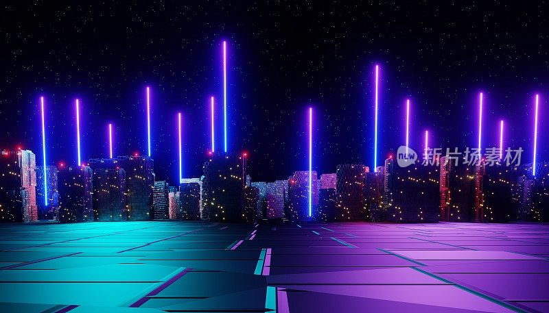 3d渲染霓虹灯和发光的黑暗场景。赛博朋克夜城概念。晚上的生活。5g技术网络。超越世代和未来的场景。科幻图案主题。
