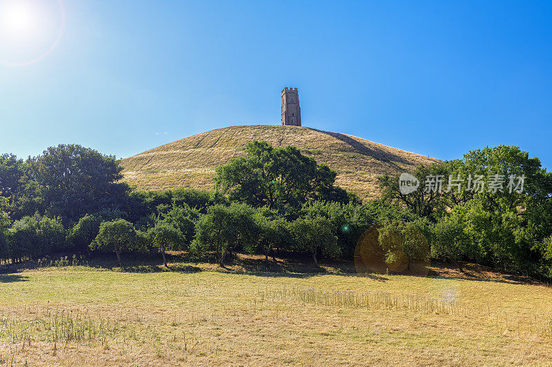 英国萨默塞特郡格拉斯顿伯里岩岗穿过草地和树木的低角度视图