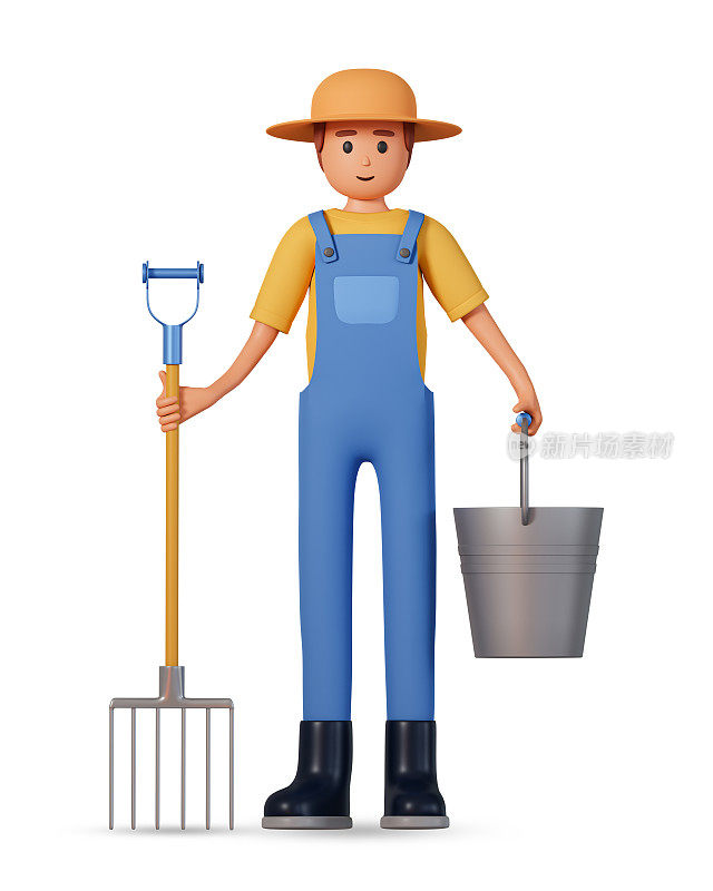 农民在工作服，帽子和胶靴持有干草叉在一只手和铁桶在其他正面视图3d插图。三维插图的园丁男子持有桶和干草叉