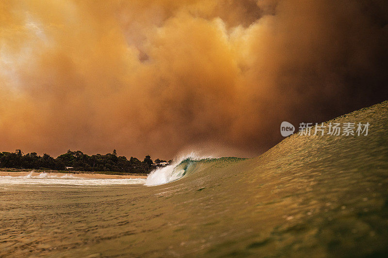 混乱。海岸上的丛林大火形成了浓密的黑烟云，形成了天空中的火灾风暴
