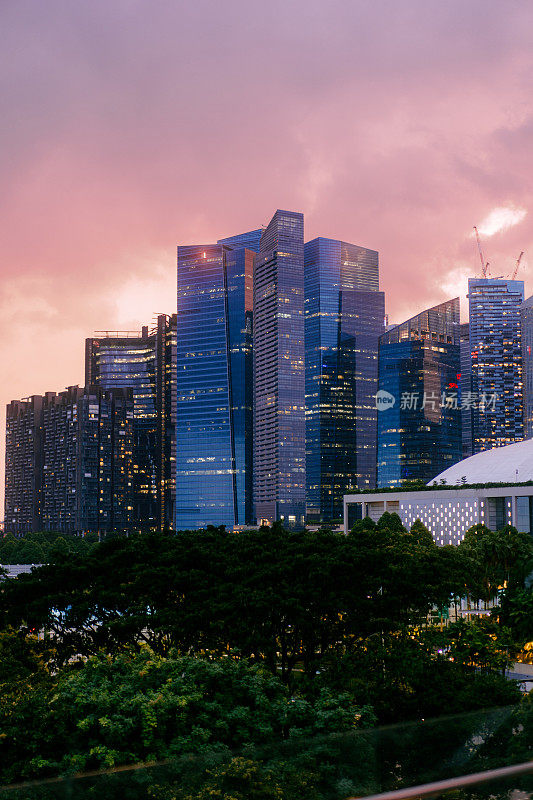 云雾缭绕的夕阳，绿树成荫的商业区高楼大厦