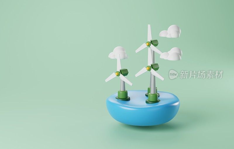 象征绿色能源和环境可持续性的风力涡轮机3D图标。3D渲染