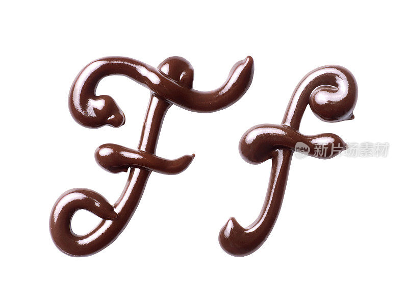 由融化的巧克力制成的拉丁字母的大小字母F，孤立在白色的背景上