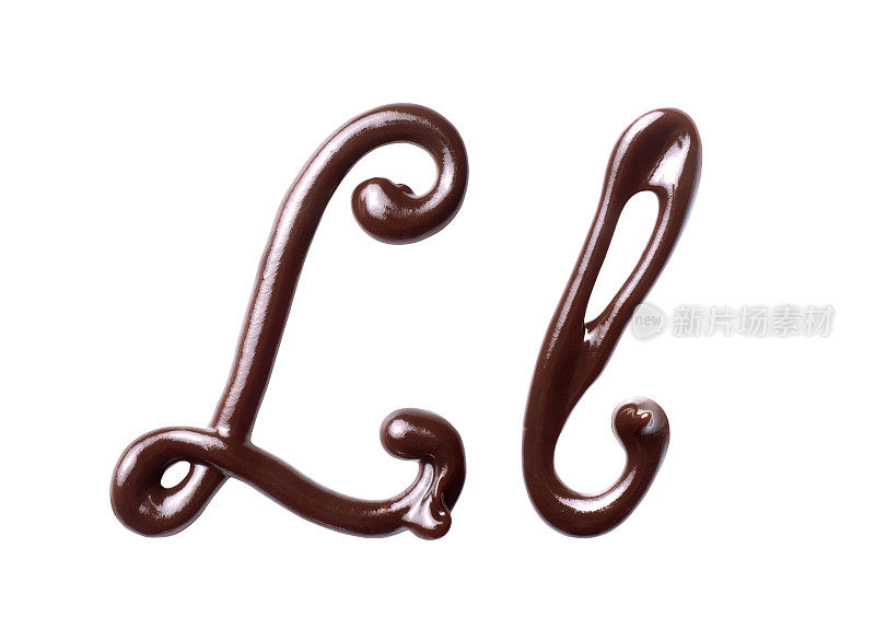 由融化的巧克力制成的拉丁字母的大小字母L，孤立在白色的背景上