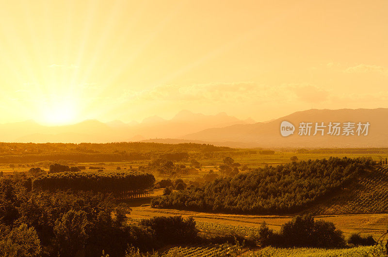 基安蒂地区的山景观日落在托斯卡纳-意大利