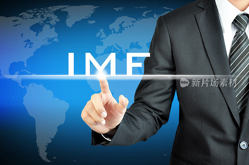 虚拟屏幕上的手指指向IMF(国际货币基金组织)