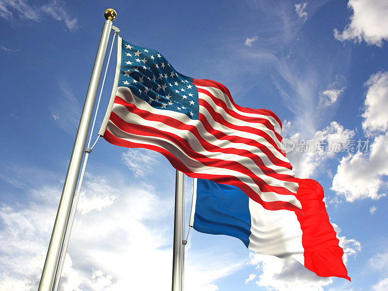 美国和法国国旗在天空中飘扬