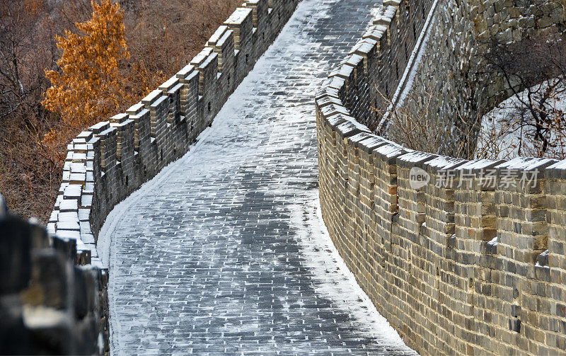 中国的长城覆盖着小雪