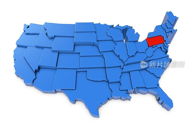 美国地图，宾夕法尼亚州用红色标出