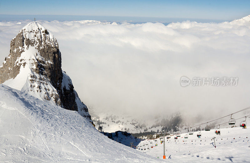 法国阿尔卑斯山滑雪胜地的全景图