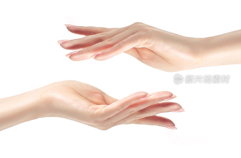 优雅而优雅的手，纤细而优雅的手指，相互触及。