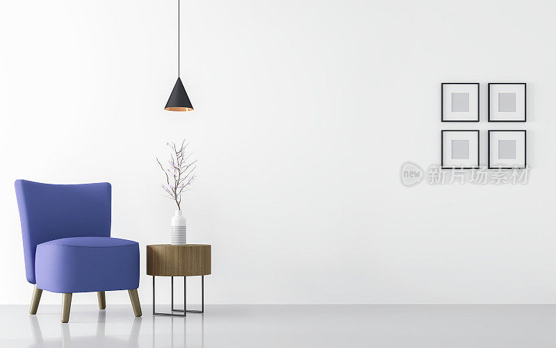 现代白色客厅内部与蓝色扶手椅3d渲染