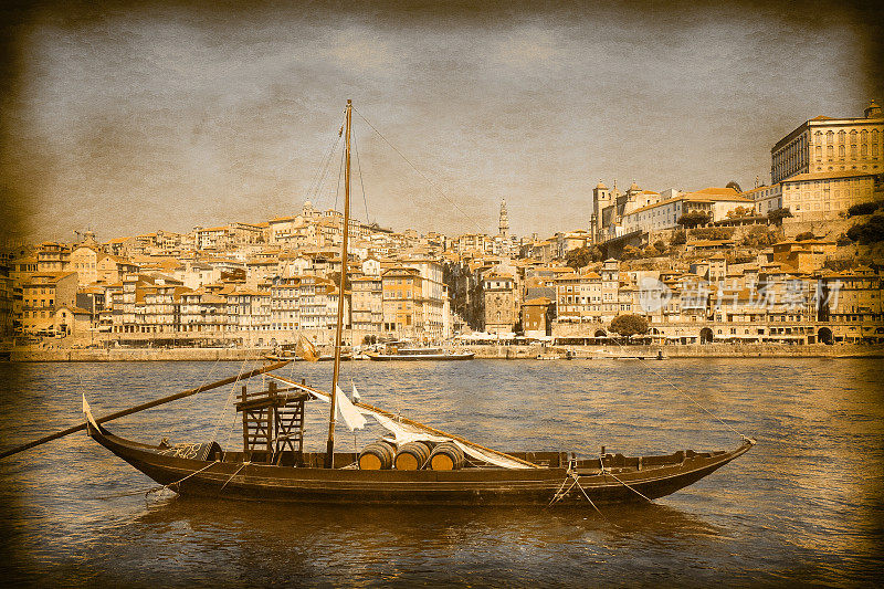 典型的葡萄牙船过去用来运输著名的波特酒-复古和复古照片效果