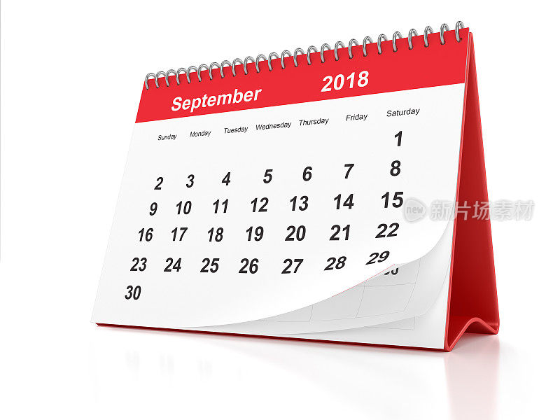 2018年9月白色背景上的红色塑料桌面日历