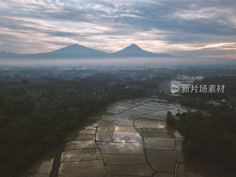 稻田和火山鸟瞰图婆罗浮屠，日惹，印度尼西亚