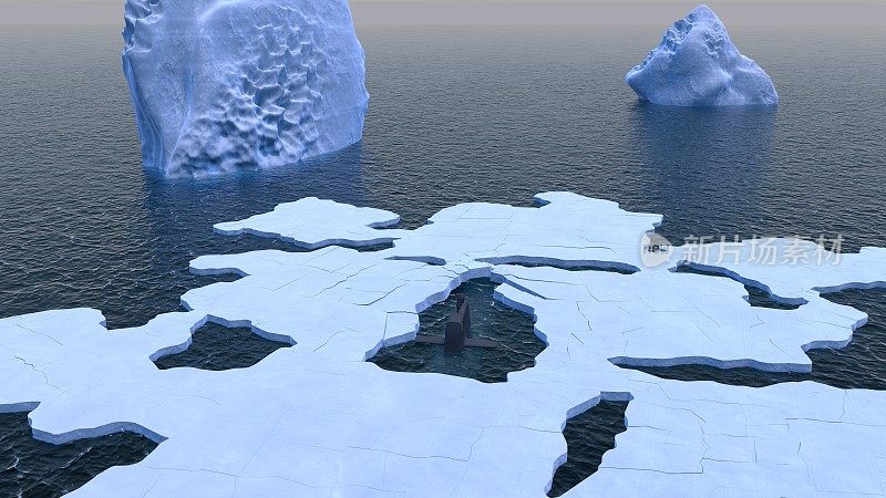 通过北极冰的潜艇表面的3D插图