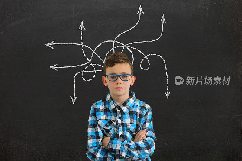 小男孩思考黑板上企业战略决策的点子