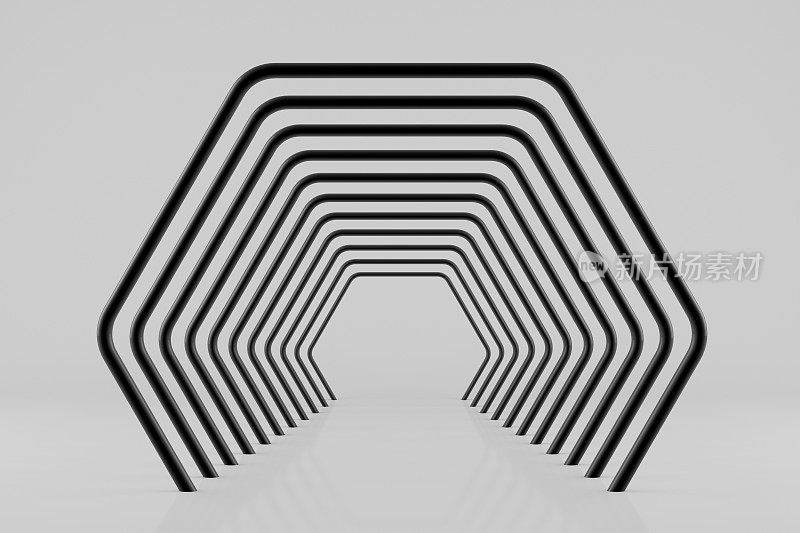 3D黑色抽象六角形隧道背景，几何形状，最小的设计
