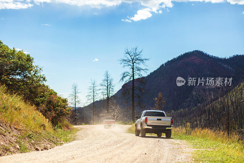 皮卡车停在美国西部公路的土路上，在科罗拉多州杜兰戈附近美丽的山景中