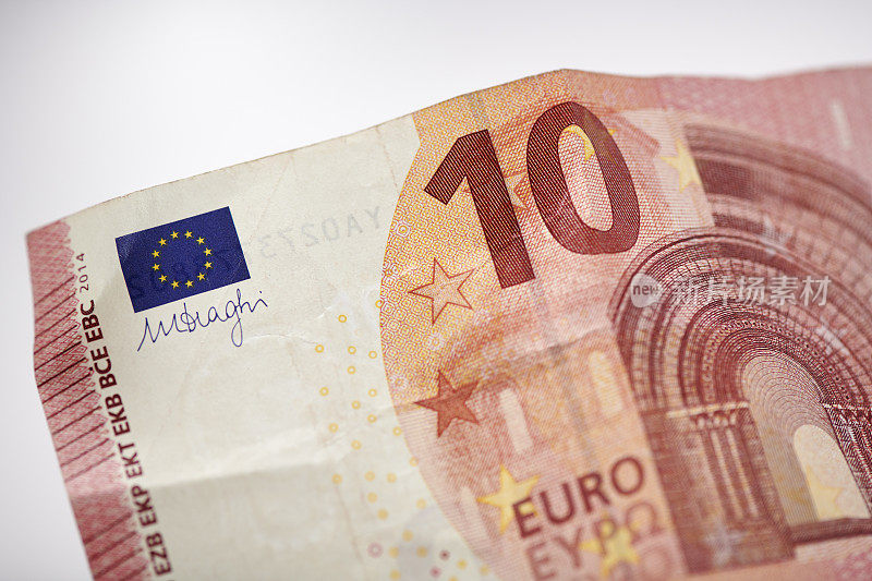 一张使用过的十欧元钞票的特写