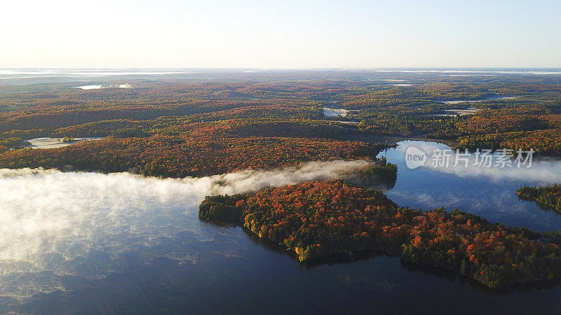 在秋季，加拿大魁北克的北方森林自然的航空全景视图