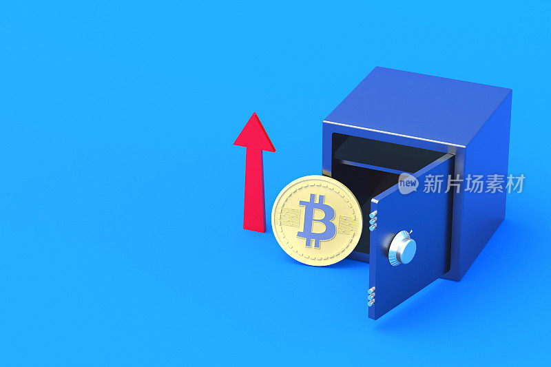 在蓝色背景上的红色箭头和保险箱附近的加密货币比特币。虚拟货币汇率的普及。增加利润。e-deposit概念。三维渲染
