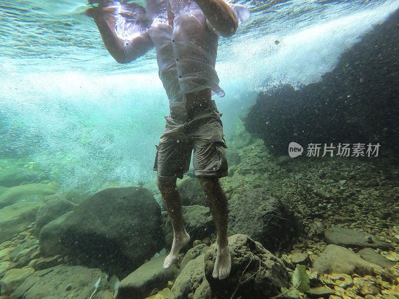 水下拍摄的无法辨认的成年男子穿着衣服站在水中
