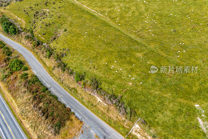 拉姆斯登-迪普顿公路和牧场视图，公路旅行在约瑟夫维尔，南岛，新西兰州公路6号