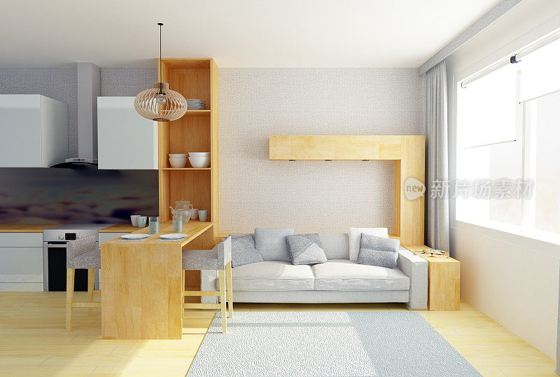 现代工作室房间的3D插图在灰色的颜色