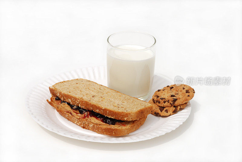 PBJ三明治，牛奶和饼干