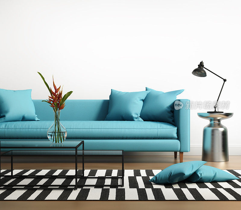 现代室内装饰，绿松石沙发和条纹地毯