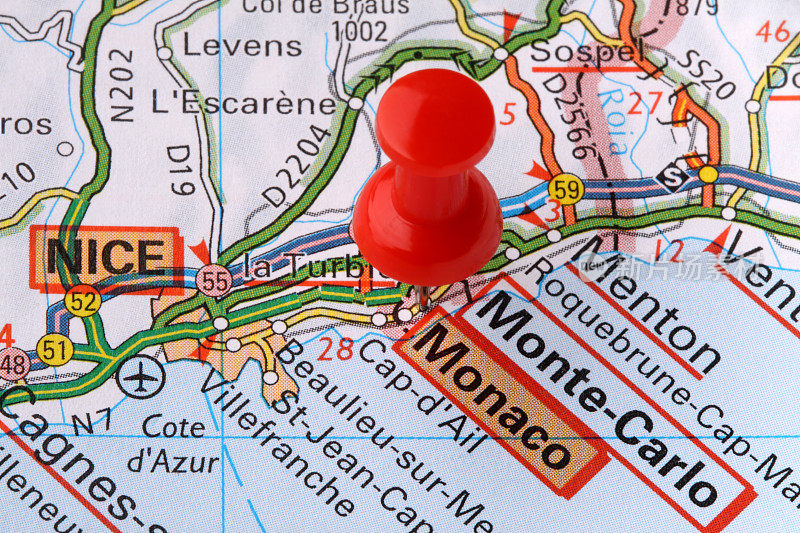 地图上的摩纳哥，蒙特卡洛和尼斯
