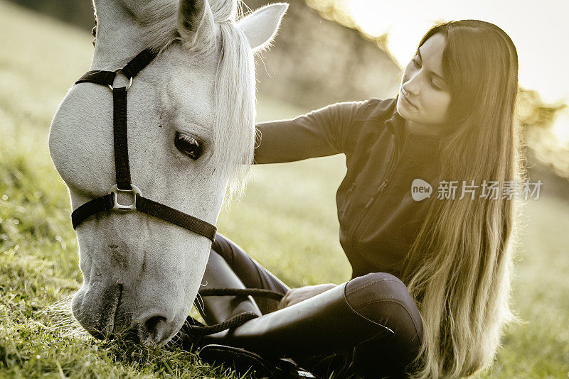 黑发女人抚摸着马的头