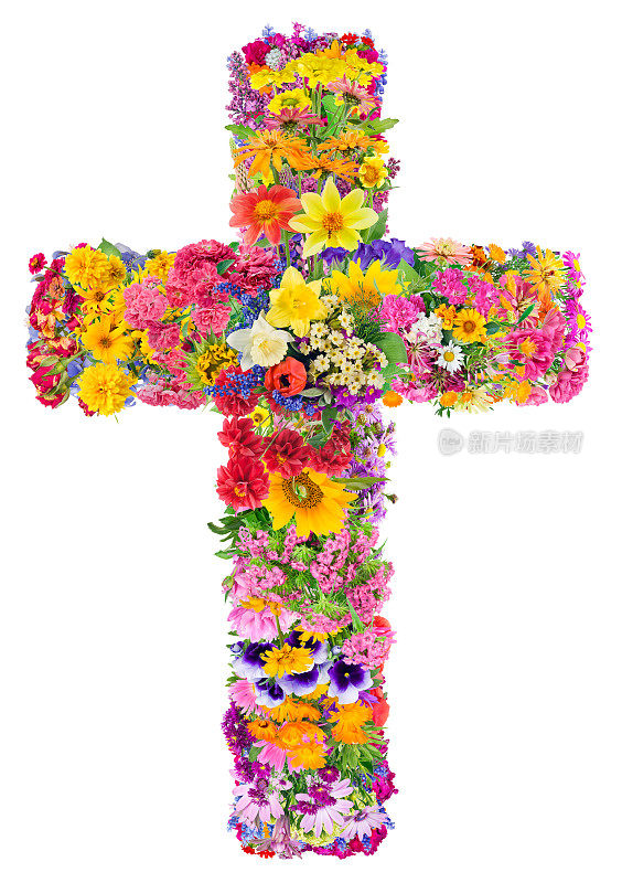 耶稣十字架花在我心中的概念。夏日植物拼贴画。孤立。你可以在我的作品集里找到所有的全尺寸图片。