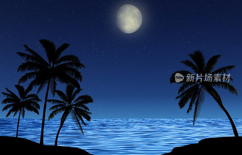 棕榈树的剪影在夜晚的海边，星空和闪亮的月亮。浪漫的风景。