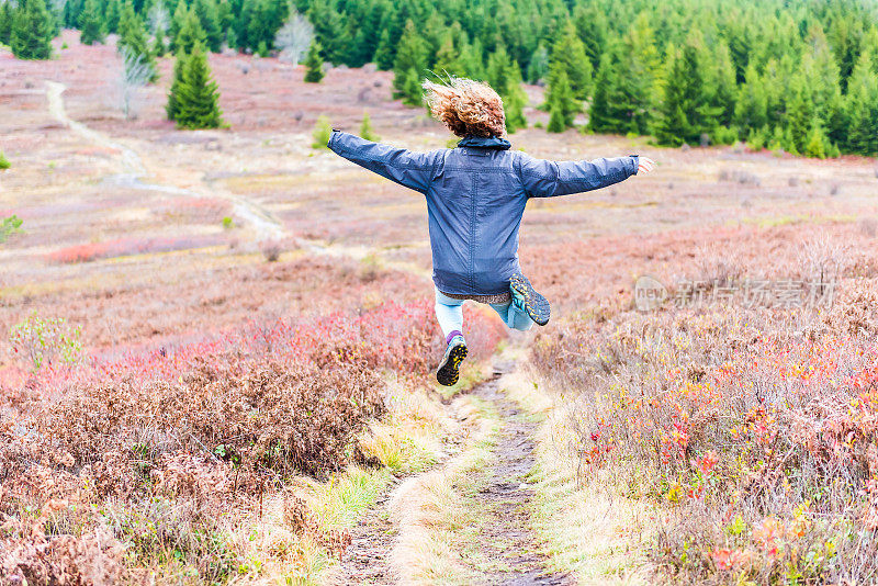 年轻的运动员，健美，自由快乐的女人在秋天跑步慢跑跳跃，秋天季节草地田野小径在半空中徒步