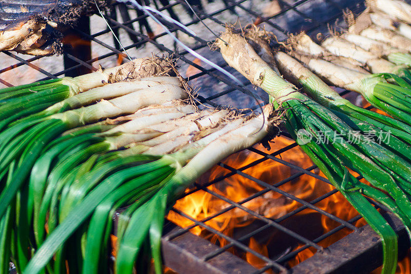 Calçots烤架上的火上——加泰罗尼亚人的典型餐点