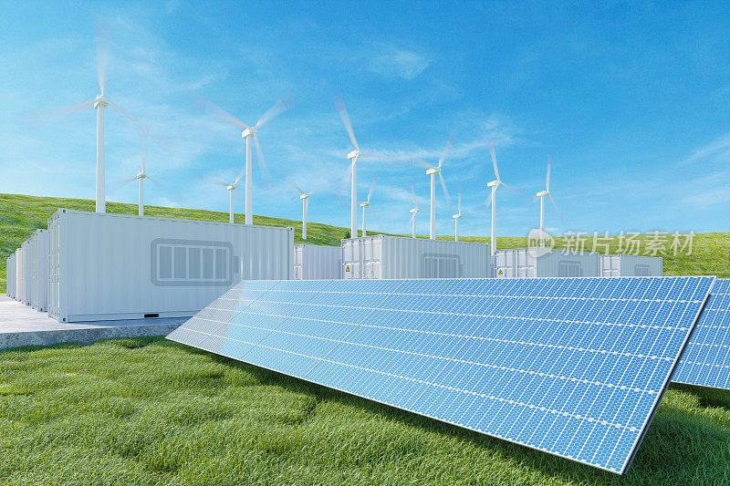 能量存储系统。太阳能电池板，风力涡轮机和锂离子电池容器