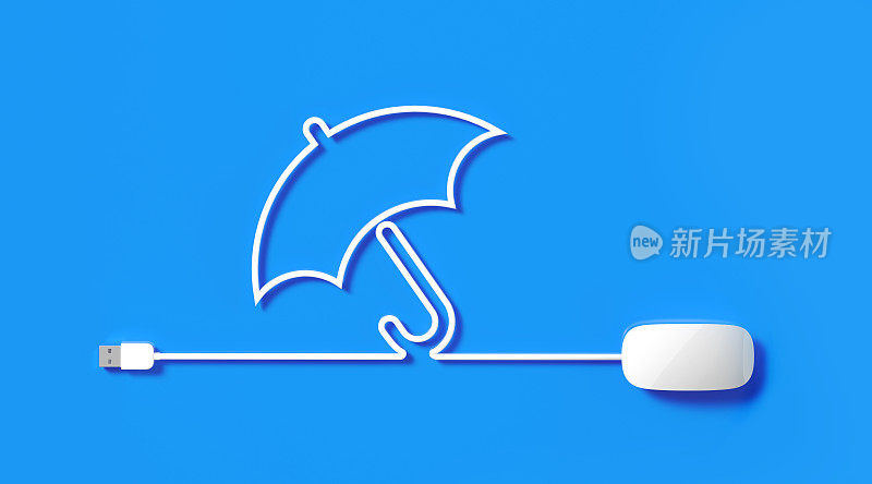 在蓝色背景上形成雨伞符号的白鼠电缆