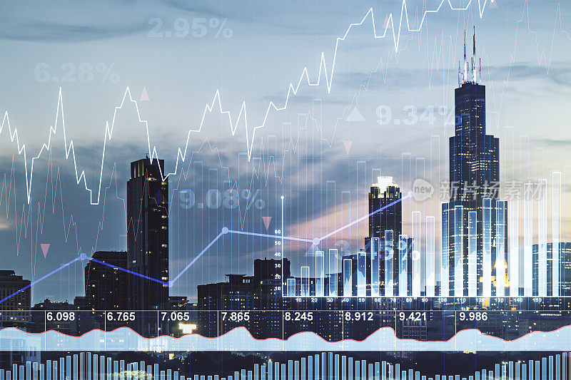 双重曝光的虚拟创意金融图表上的芝加哥办公楼背景，银行和会计概念