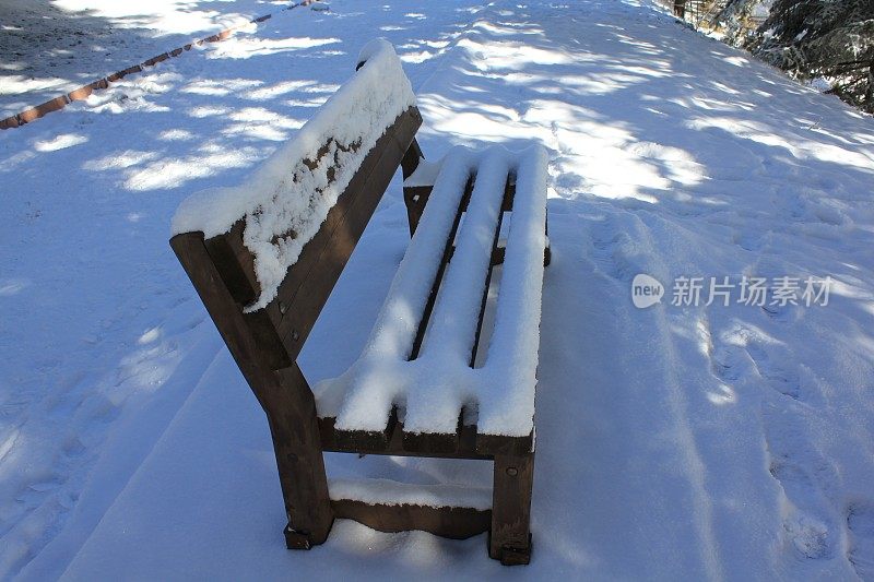 Golcuk自然公园雪树下的小木凳