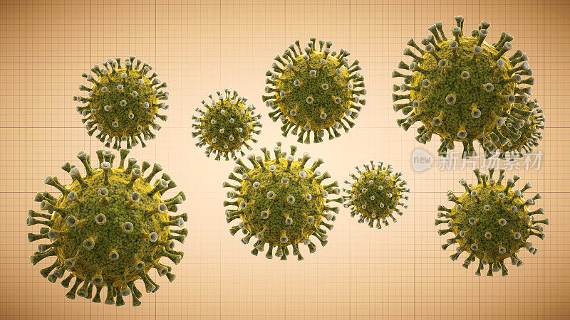 简单的绿色冠状病毒细胞轮廓在网格上