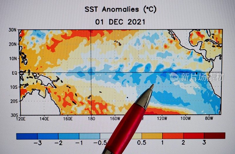 寒冷的赤道海面温度横跨太平洋表明拉尼娜天气模式