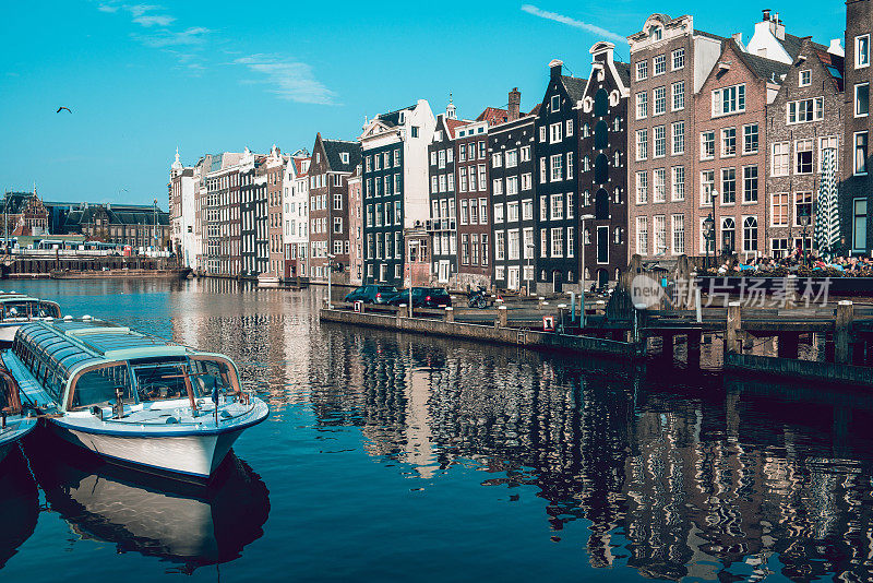 荷兰阿姆斯特丹阿姆斯特尔河运河的游艇码头