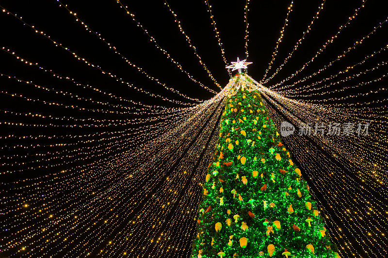 圣诞树上闪烁的彩灯和花环。圣诞树上装饰着无数的花环