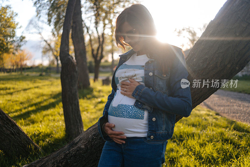 美丽的孕妇在大自然中日落时分