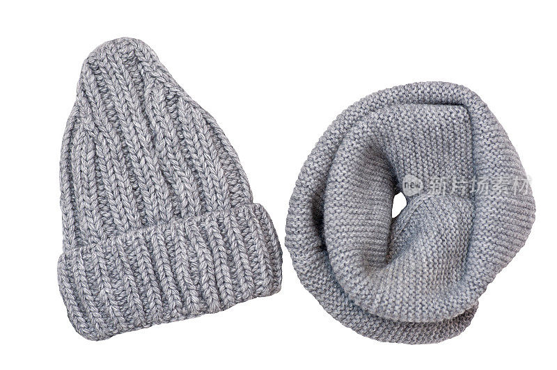 冬季套装，针织保暖帽和大针织灰色的帽子。