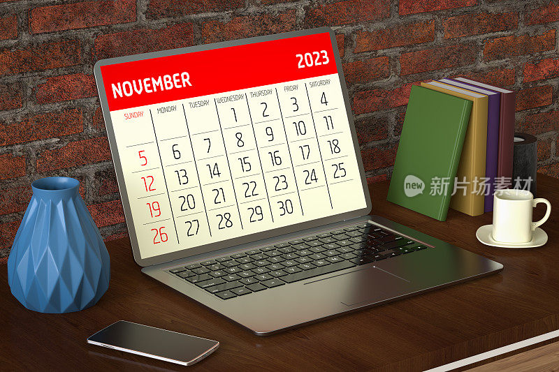 2023年11月日历计划进度表笔记本电脑办公桌。3d渲染