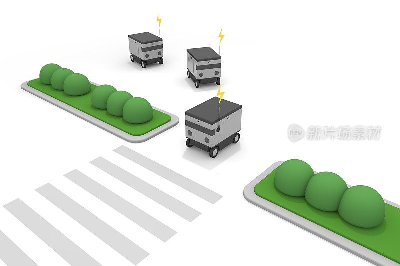 识别地形，自动驾驶。无人驾驶的机器在工作。一个送货机器人在城市里穿梭。自动送货的机器人。